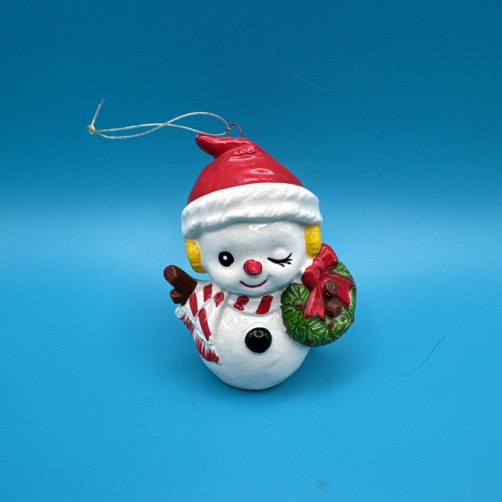 Inarco Christmas Ornament Winking Snowman E 6264‎ Holding Wreath Japan Vintage